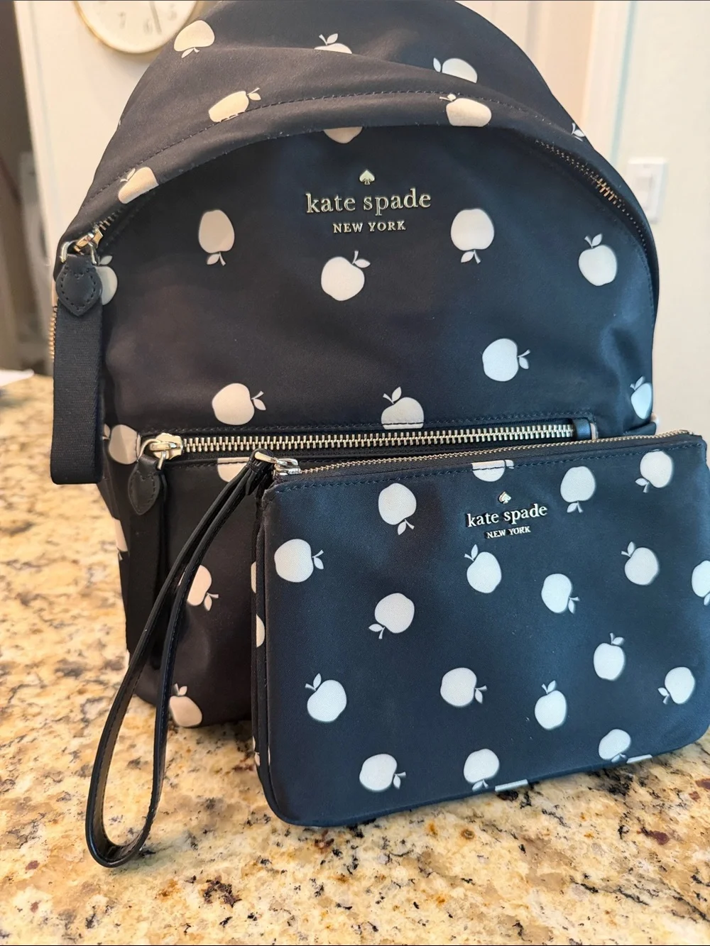 kate spade navy and cream apple print backpack with wristlet